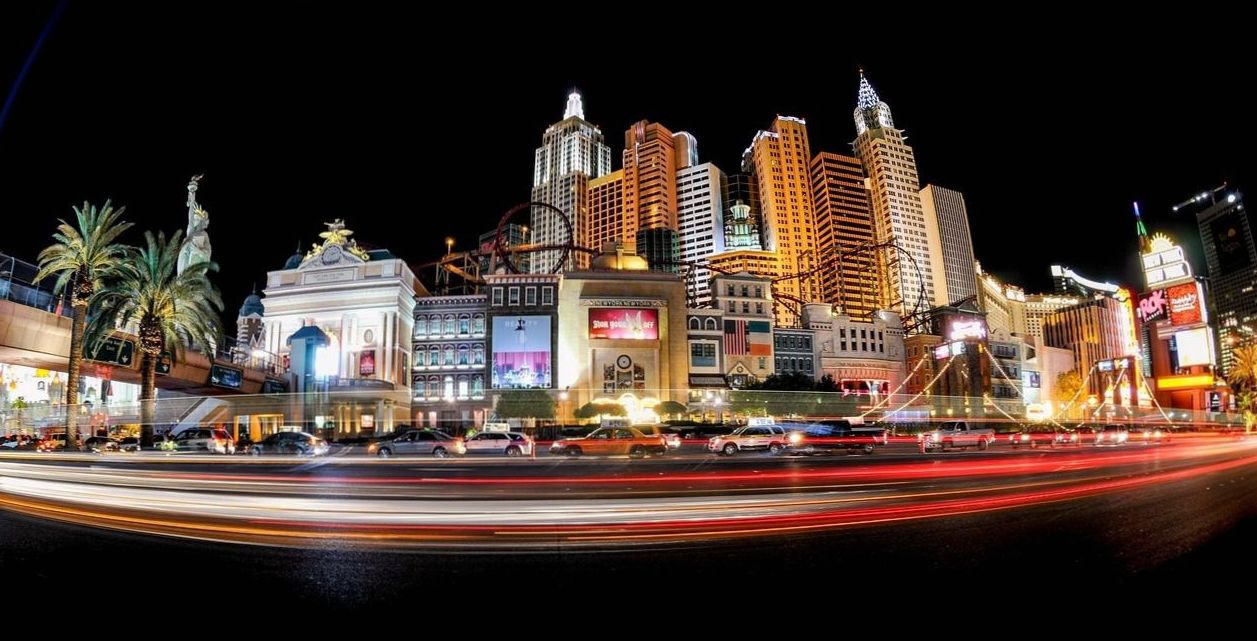 Helicopter view over Las Vegas Strip at night